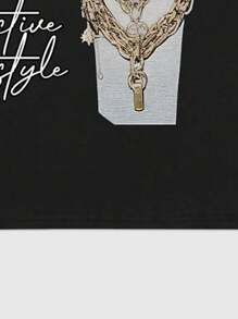 ROMWE MEN Street Life 2 件装男士标语印花休闲短裤，适合春夏季 - 黑色 - 查看 4