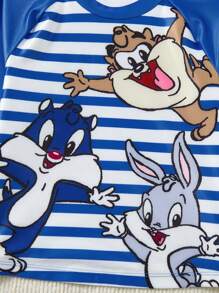 LOONEY TUNES X SHEIN Young Boy Cartoon Blue Striped Pattern Funny Cartoon Print Swimwear Set - Multicolor - View 5