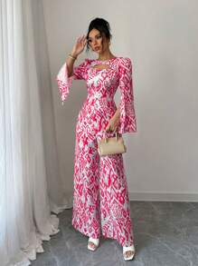 Elenzga Mono recto de pierna ancha con abertura lateral, estilo occidental, talla estándar para mujer