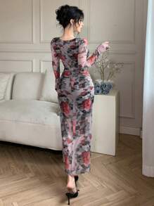 DAZY Vestido de manga larga con estampado floral elegante de tela batik ajustada de cuello cuadrado y longitud media para mujer, vestido de otoño y Pascua - Rojo - Ver 5