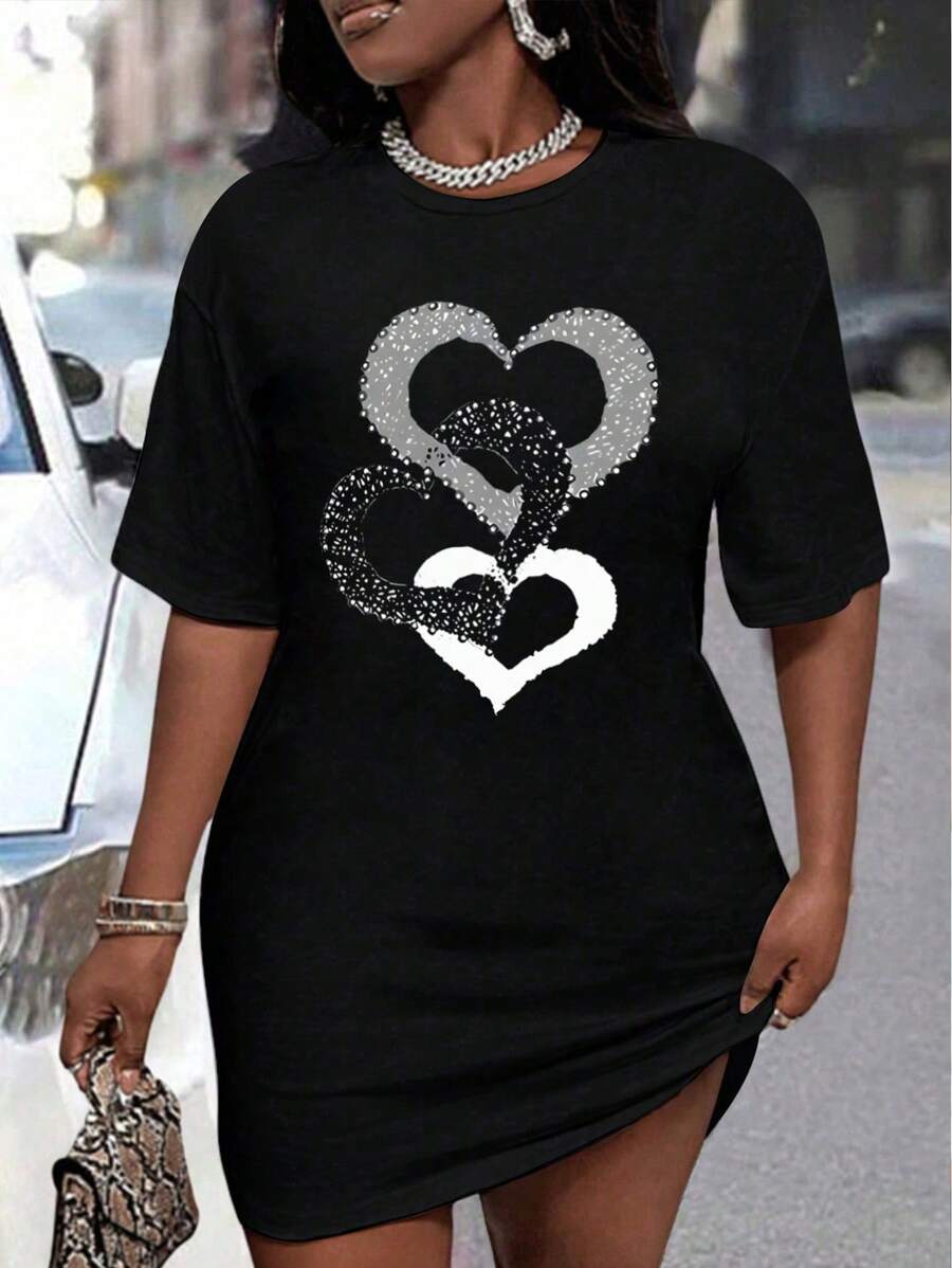 Maweii Plus Size Women Playing Card Print Round Neck Short Sleeve Casual T-Shirt Dress - Black - View 1