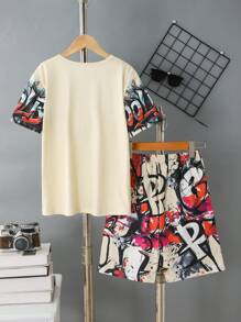 2pcs/Set Older Boys Casual Cool Graffiti Letter Print Comfortable Round Neck Short Sleeve T-Shirt And Shorts Set, Summer