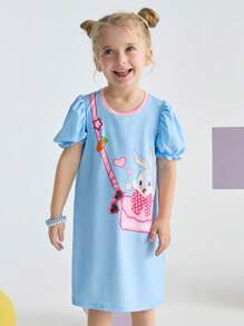 LOONEY TUNES X SHEIN 年轻女孩可爱甜美休闲卡通兔子印花泡泡袖 T 恤连衣裙，适合春夏季 - 藍色 - 查看 8
