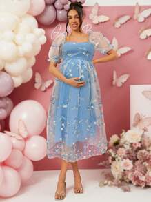 Loomaby Pregnant Women Square Neck Puff Sleeve Floral Embroidered Mesh Elegant Dress Maternity Dress - Blue - View 6