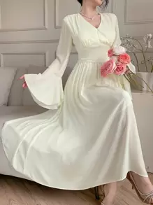 DAZY 女士花卉 V 领荷叶边中长连衣裙舞会礼服优雅秋季连衣裙长袖连衣裙 - 白色 - 查看 6