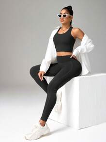 Eassivo Eassivo Bộ đồ tập luyện thể thao và quần legging chéo lưng màu trơn cho nữ - màu đen - Xem 3