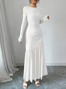 Firerie 女士网眼长袖圆领长裙，秋季休闲连衣裙。适合秋季服装、返校装、教师装 - 白色 - 查看 3