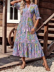 LanaWest 女式波西米亚风印花中袖连衣裙，女式波西米亚风流苏，荷叶边下摆半袖系带领宽松长款多色荷叶边袖全身印花，佩斯利罩衫女式长裙，春季/秋季，休闲日常穿着长款女装