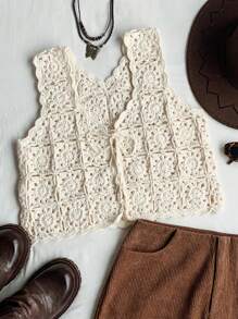 Comfortcana Women's Summer Boho Western Cowgirl Style Solid Color Simple Stylish Sweater Vest Summer For Women,Summer - Beige - View 1