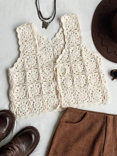 Comfortcana Koszulka na ramiączkach z dzianiny w kwiaty, w jednolitym kolorze, z dekoltem w serek i wiązaniem, w dużym rozmiarze i modnym krojem