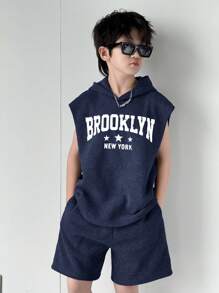 2PCS Kids Tween Boys Casual Korean Letter Graphic Print Hoodie Sweatshirt & Solid Color Shorts 2 Pieces Set