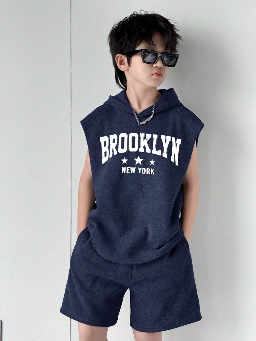 2PCS Kids Tween Boys Casual Korean Letter Graphic Print Hoodie Sweatshirt & Solid Color Shorts 2 Pieces Set