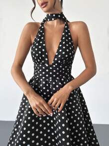 Firerie Women's Vintage French Style Polka Dot V-Neck Backless Cinched Waist High Waist Midi Dress, Suitable For Valentine's Day, Concerts, Performances, Dates, Banquets, Weddings, Sexy, Elegant, Commuting, Back To School, Vacation, Beach, Romantic