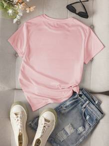 女士草莓印花圆领短袖宽松休闲 T 恤 - 粉色 - 查看 2