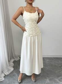 Elenzga 全新杏色优雅花卉吊带设计修身白色连衣裙，适合女士，春夏季 - 杏色 - 查看 3