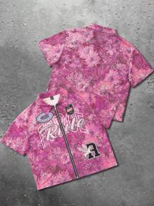 PAVTROS 男士衬衫蓝色油画向日葵字母印花飞马图标印花拉链衬衫，男士街头潮流衬衫 - 彩色 - 查看 6