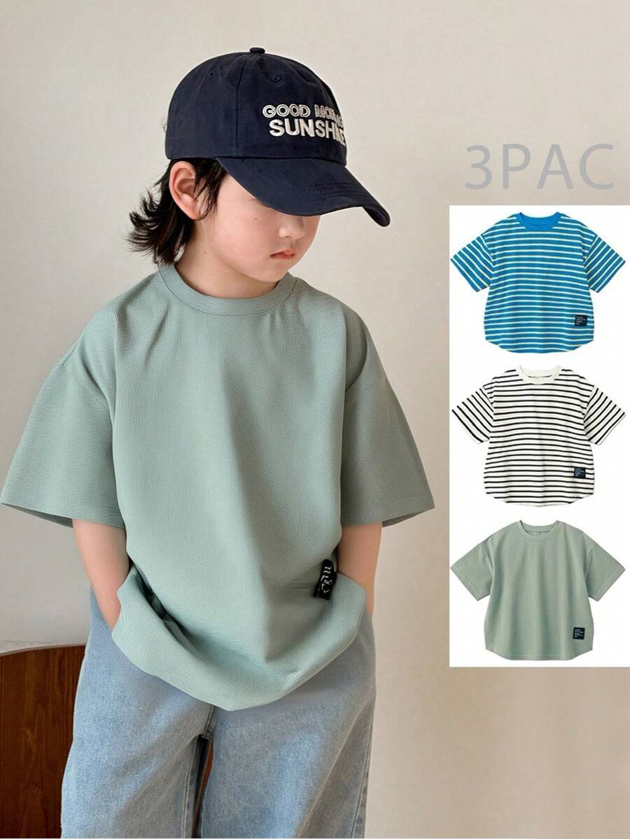 SHEIN 3 Packs Young Boys Buy Two Get One Free Boys' Leisure College Japanese And Korean Street Fashion Versatile Breathable Comfortable Striped Net Color Short Sleeved T-Shirt Multi Piece Set
