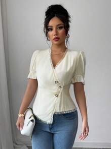 SHEIN Unity Blusa de mujer con cuello en V en color albaricoque, con volantes en el bajo y mangas cortas con bajo asimétrico - Albaricoque - Ver 5