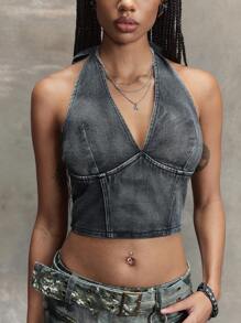ROMWE Women's Casual Cropped Halter Neck Denim Crop Top Women's Concert Costumes, Rave Costumes, Carnival Costumes, Country Concert Costumes - Dusty Blue - View 6