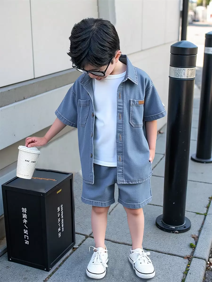 SHEIN Genkimix Kids 3 件套年轻男孩复古美式夏季服装：宽松设计牛仔衬衫 + 白色 T 恤 + 休闲牛仔短裤 - 藍色 - 查看 1