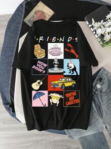 FRIENDS X SHEIN Casual Loose Letter Graphic Black Round Neck Short Sleeve T-Shirt For Women, Comfortable For Summer
