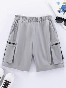 SHEIN 1 件青少年男孩拉链设计抽绳腰夏季短裤工装纯色奶油色街头服装春季服装；青少年男孩服装；青少年男孩夹克，春季开学 - 白色 - 查看 1