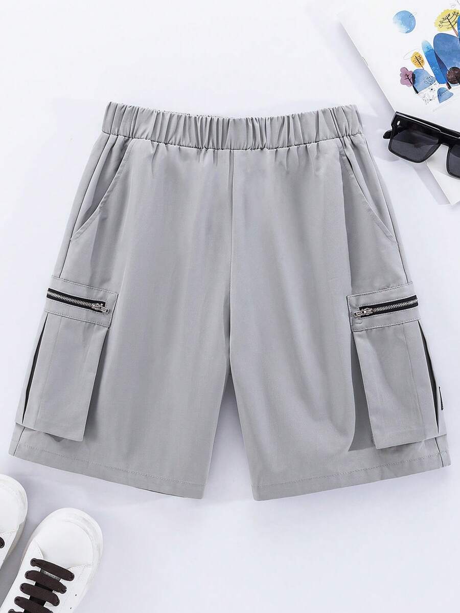 SHEIN 1 件青少年男孩拉链设计抽绳腰夏季短裤工装纯色奶油色街头服装春季服装；青少年男孩服装；青少年男孩夹克，春季开学 - 白色 - 查看 1