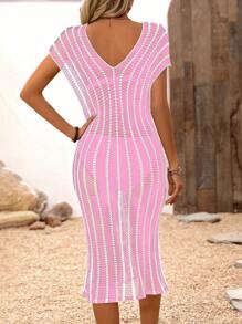 SHEIN Swim Women V-Neck Pink & White Striped Contrast Color Beach Casual Dress For Summer Beach Vacation