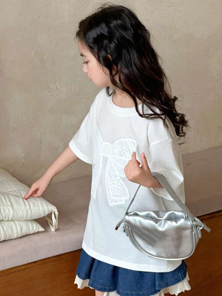 Girls Butterfly Print Short Sleeve Knit T-Shirt With Bow, Summer