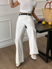 DAZY 休闲白色宽松直筒牛仔裤，带侧袋 - 白色 - 查看 5
