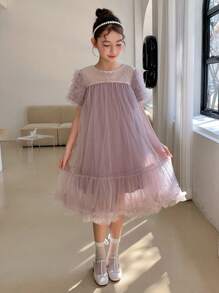 DAZY 女童纯色亮片网眼荷叶边下摆短袖化装派对连衣裙，女童夏季服装，返校服装