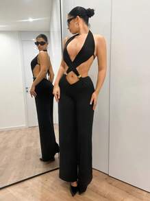 SHEIN ICON 性感深 V 领交叉金属装饰长款连体裤 - 黑色 - 查看 3