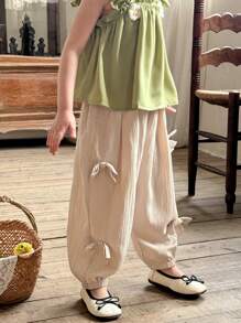 SHEIN LMoss Kids 年轻女孩宽松纯色抽绳九分裤 - 杏色 - 查看 9