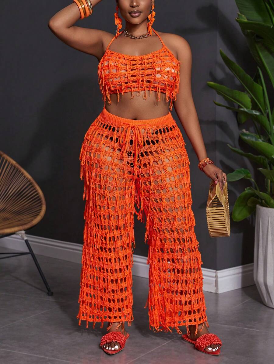 Slaydiva Plus Size Tassel Knitted Sexy 2 Pieces Set For Summer Vacation - Burnt Orange - View 1