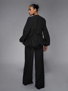 MISSGUIDED Designer Pinstripe Coordinated Set Long Sleeve Ruched Front Blouse Wide Leg Pants Business Office Professional Fall Winter Workwear Suit