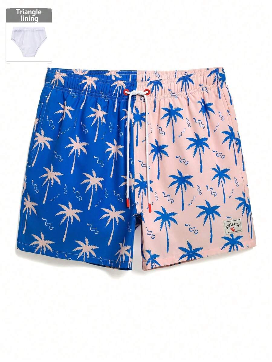 Surfspeed Men's Contrast Color Patchwork Coconut Tree Print Casual Beach Shorts Men Swim Trunks - Multicolor - View 1