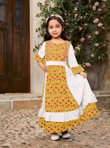 Vestido largo con mangas con volantes, estampado floral difuso y bloques de color para niñas jóvenes - Amarillo - Ver 3