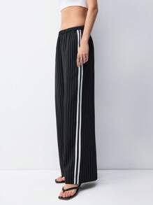 LYSMO Black Pinstripe Side Stripe Detail Drawstring Low Waist Pants