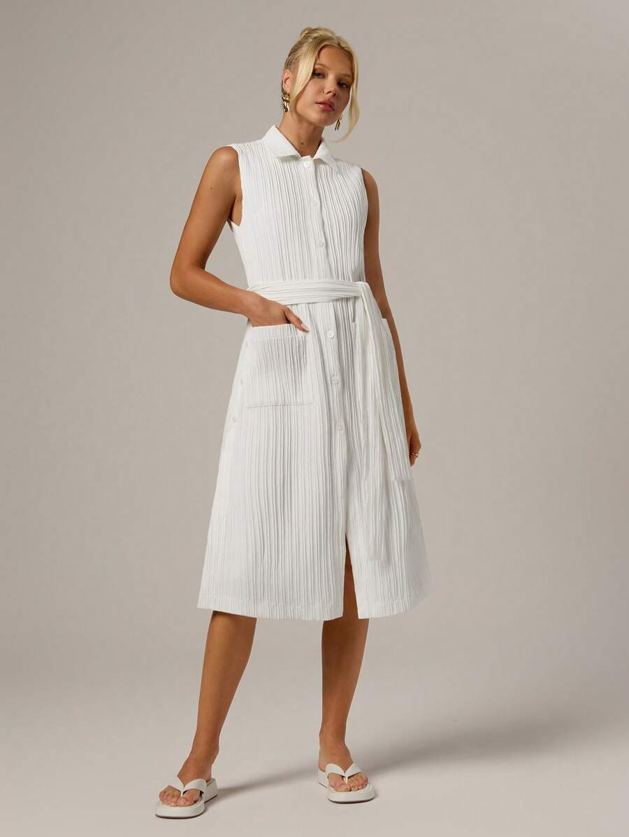Forever 21 Váy công sở mùa xuân phong cách "Siren" cho phụ nữ, váy dài đơn giản có cổ áo buộc và túi lớn - trắng - Xem 1
