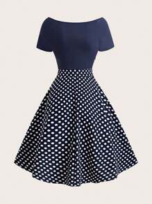 Sweetra Women High Waist A-Line Knee-Length Polka Dot Short Sleeve Dress (Random Cutting)