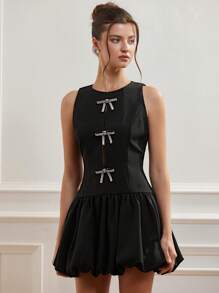 Chiquease Elegant & Delicate Round Neck Sleeveless Halter Design Heavily Embellished Sequin Bow Decor Ruched Flare Hem Mini Dress For Women   Old Money Style For Summer Spring Fall Autumn - Black - View 3