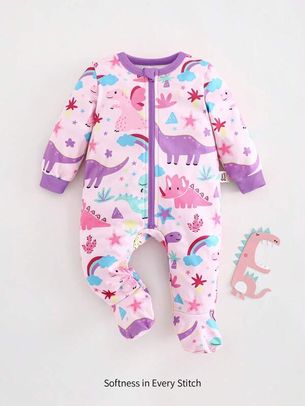 Cozy Pixies Macacão de malha macia com pés, estampa de dinossauro, arco-íris, para bebês recém-nascidos, com desenho de animal, roxo, manga comprida, roupa de dormir