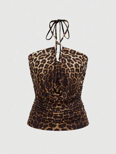 Grunge Punk Sexy Leoparden-Muster Neckholder Trägertop mit Metallring Dekor für Frauen, niedlicher tropischer Stil