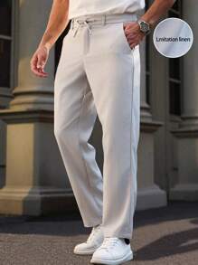 Manfinity Homme Men's Solid Color Front Button Drawstring Casual Pants, Daily Wear - Light Grey - View 1