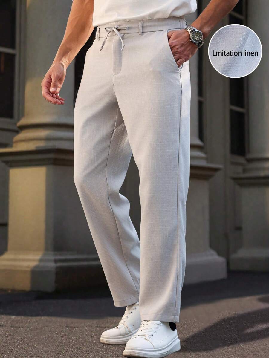 Manfinity Homme Men's Solid Color Front Button Drawstring Casual Pants, Daily Wear - Light Grey - View 1