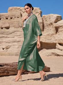 Al Najma Women's Patchwork Webbed V-Neck Batwing Sleeve Turkish Casual Dress Kaftan Jalabiya Dress - Dark Green - View 4