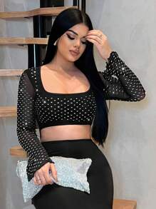 SHEIN SXY 女士时尚性感水钻网眼拼接短款上衣 - 黑色 - 查看 4