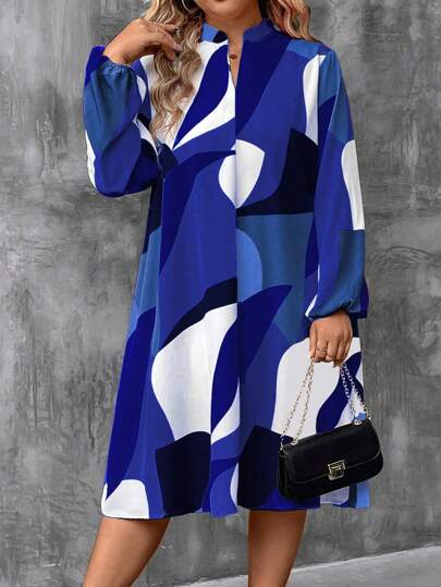 Plus Size Women Geometric Print V-Neck Lantern Sleeve Straight Loose Dress Fall Cloth For Women