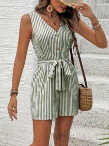 SHEIN LUNE 女式条纹 V 领单排扣口袋无袖休闲连身裤 - 軍綠色 - 查看 4