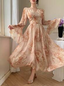 DAZY 中长 V 领花卉荷叶边女式连衣裙优雅秋季连衣裙长袖连衣裙